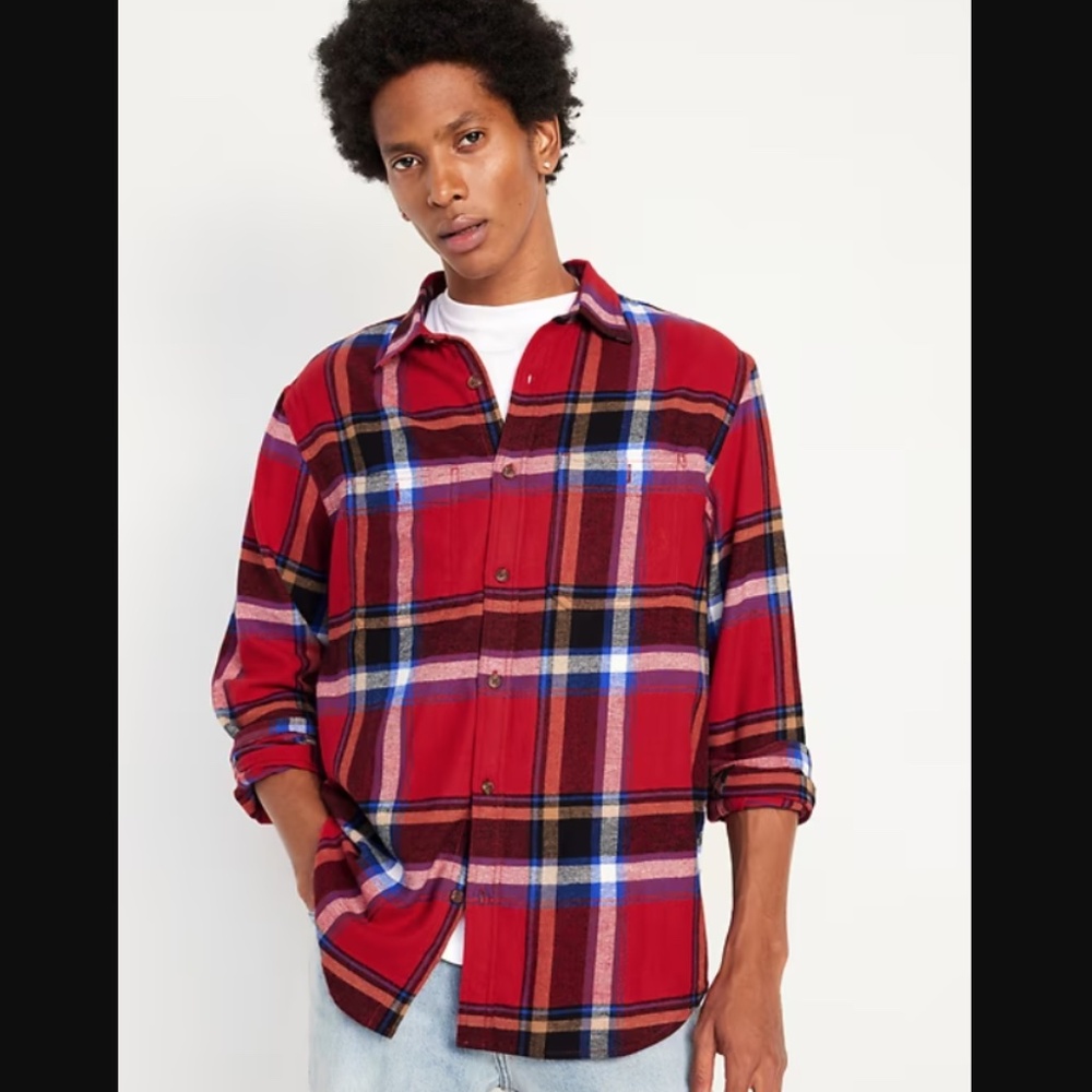 New OLD NAVY Double-Brushed Flannel Shirt Holiday Red Tall Medium M